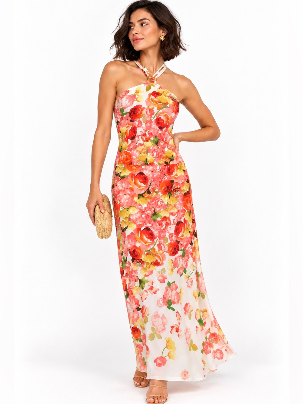 Cache Vintage Y2K Floral Halter Cross Back Maxi Dress Rhinestone M
